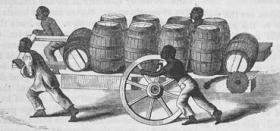 Esclavos empujando una carreta cargada de barriles
